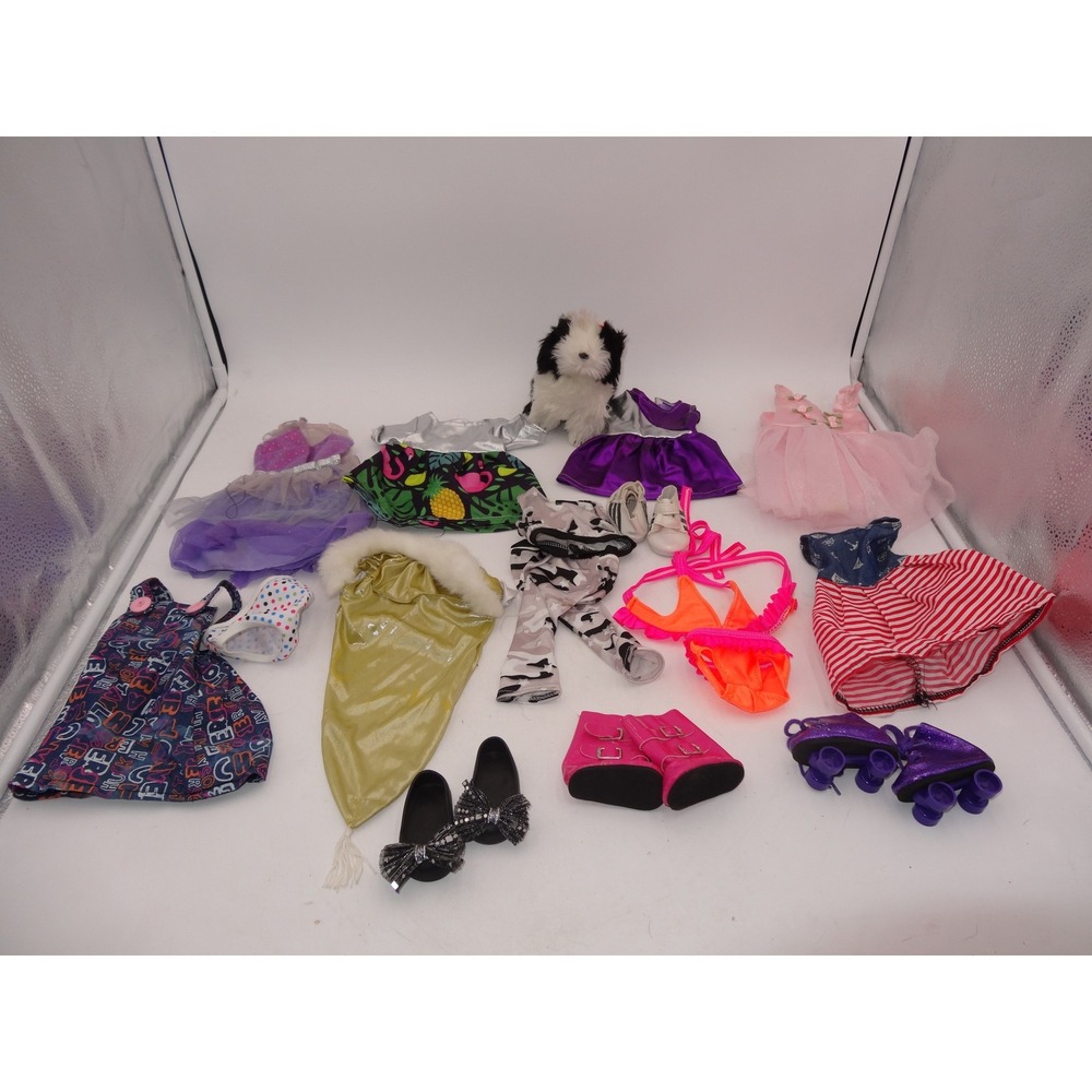 Our Generation Doll Clothes and Accessories Lot with Plush Dog and Roller Skates